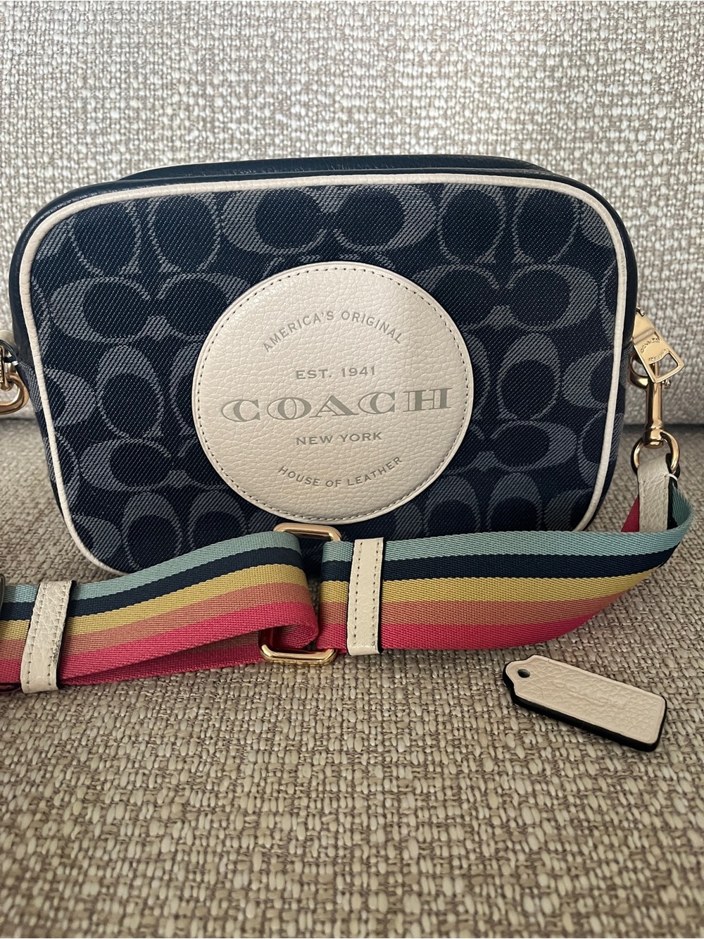 Coach Navy Signature Camera Bag with Cream Patch and Multicolor Stripe Strap